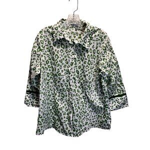 Foxcroft Womens Wrinkle-Free Green Leopard Print Button Down Shirt Size 14W